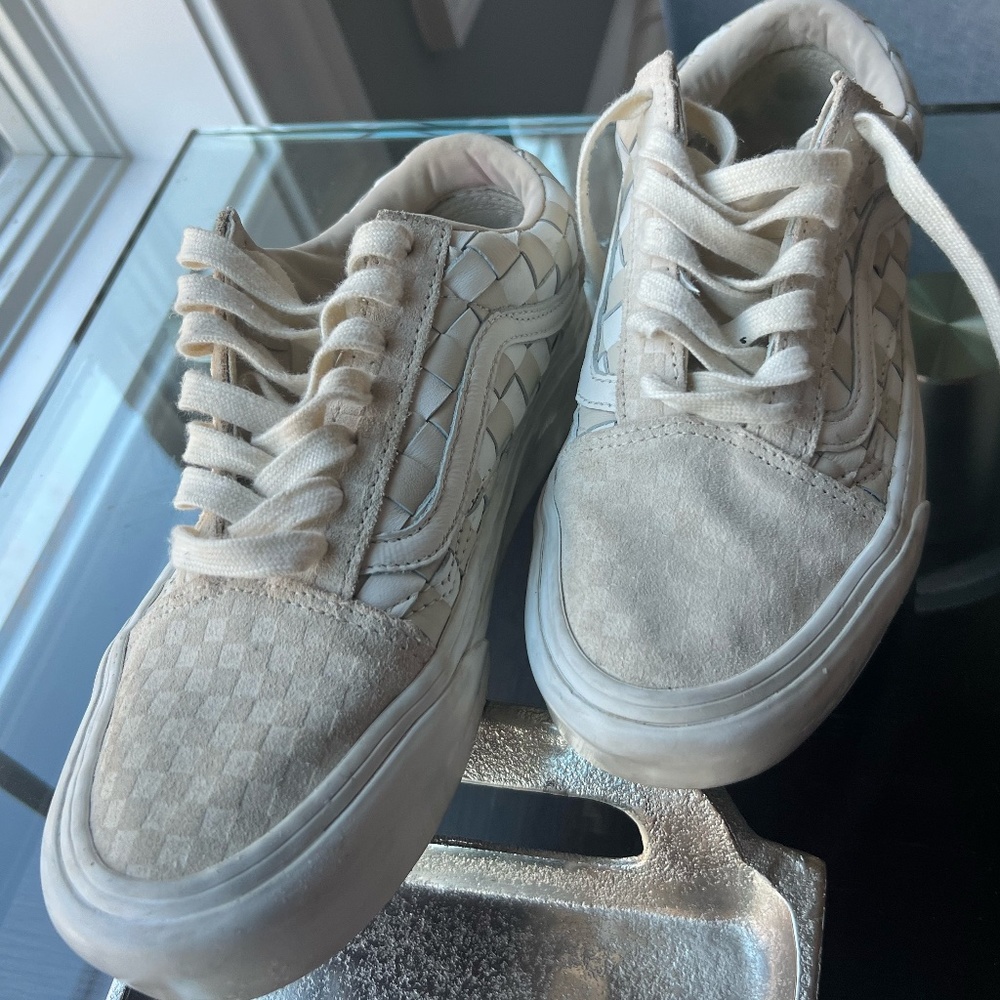 VANS Authentic Stackform platform Woven Check cream suede look Sneakers size 7.5